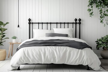 a black metal bed frame contrasts the white walls in a minimalist interior banner, highlighting a chic bedroom with a modern flair