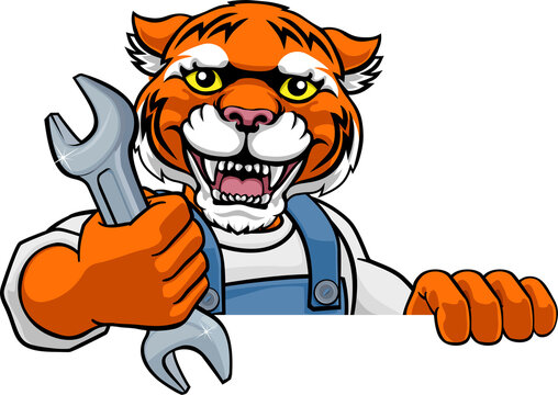 orange tiger mechanic holding wrench clip art preview