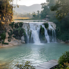A photo of a large waterfall in Thailand, with crystal clear water. The waterfall is surrounded by lush greenery and rocks. There's a wooden walkway leading to the base of the waterfall. 