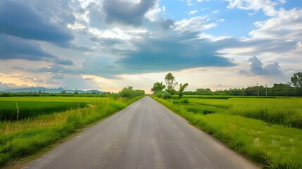 Fototapeta premium Lush countryside summer panorama displaying flourishing green rice fields bathed in sunlight.
