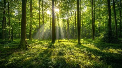 Lush green forest with towering trees and sunlight