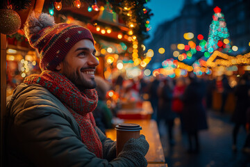 Obraz premium Smiling Man Enjoying Christmas Market Atmosphere