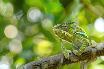 Obraz premium A vibrant green and orange lizard perched on a tree branch in the wild.