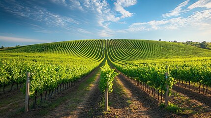 Fototapeta premium Lush, green vineyard with rows of grapevines under a bright blue sky