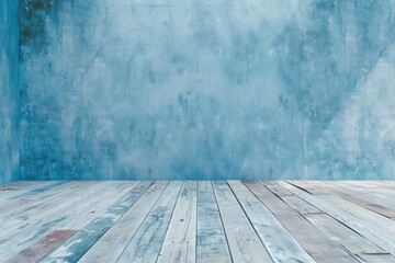 An interior of a stage set against a light blue backdrop.