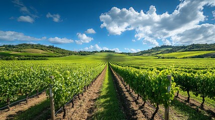 Fototapeta premium Lush, green vineyard with rows of grapevines under a bright blue sky