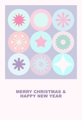 Merry Christmas and Happy New Year greeting poster(banner, card) made of cartoon Christmas and New Year elements in pastel colors with typography.Minimal digital image for cover,layout,poster,flyer