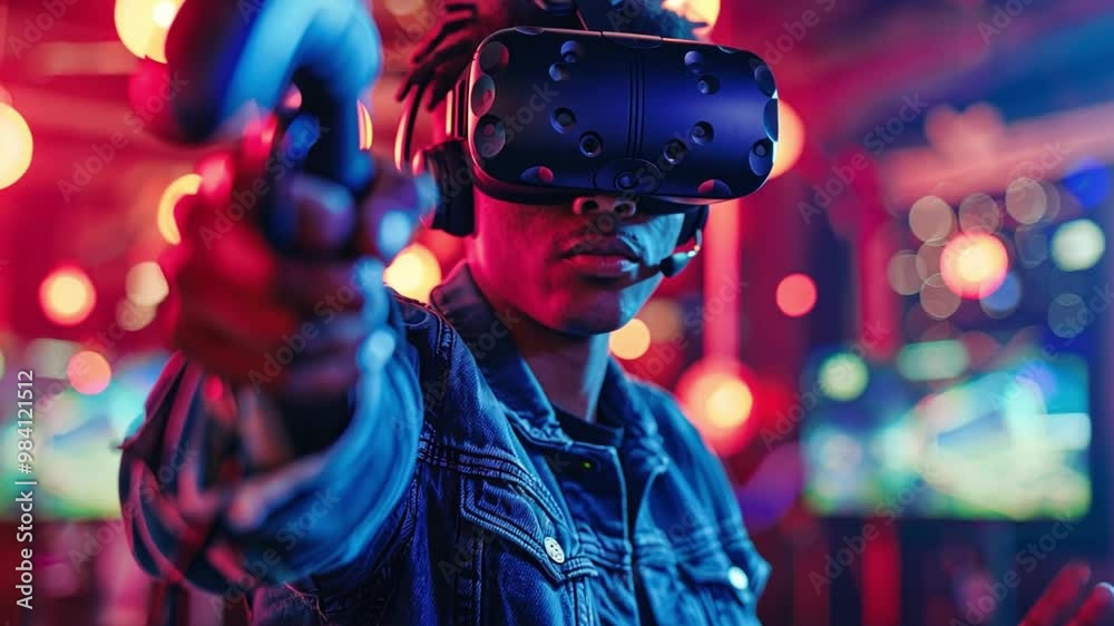 Poster a gamer fully engaged in a virtual reality experience wears a headset and grips a controller, surrou