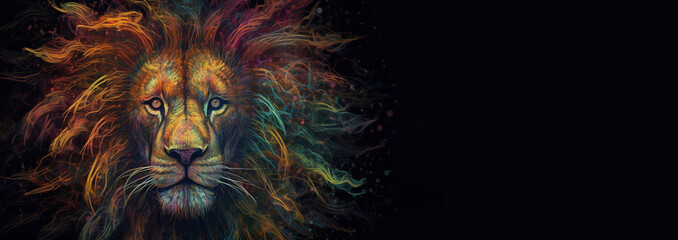 Neon abstract graphic contours of a lion in a jump, a wild animal. Dark background isolate. AI generated.