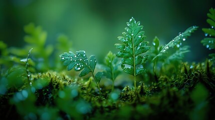 Close-up of lush green ferns with droplets of water, showcasing nature's beauty.