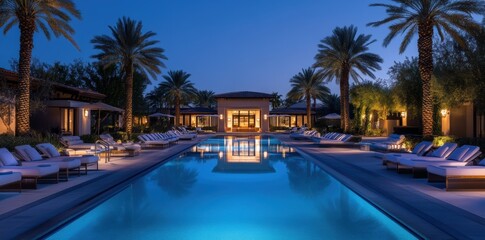 A luxurious outdoor pool area featuring comfortable lounge chairs