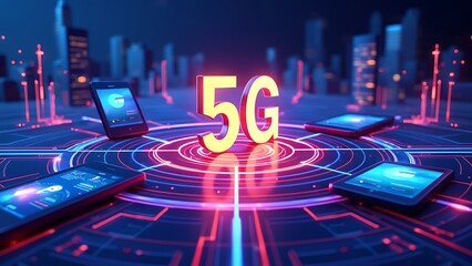 Fototapeta premium An illustration of a 5G network connection, showcasing vibrant signals and interconnected devices. This visual represents the future of technology, speed, and seamless communication.