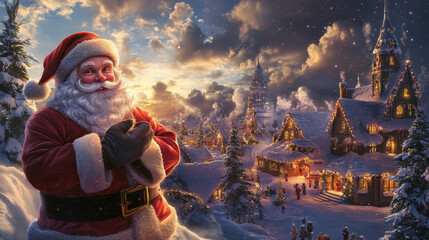 Beautiful smiling Victorian Santa Clause in winter wonderland snowy North Pole background with red coat and soft fur trimmed hat white beard positive emotion Christmas card style, avatar