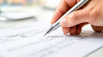 Close-up of a hand holding a silver fountain pen, filling out a form on a white sheet of paper in a bright workspace
