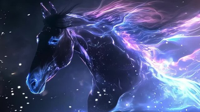 Majestic horse made of blue and purple nebulae is galloping through the universe. This magical scene is perfect for fantasy and sci fi projects
