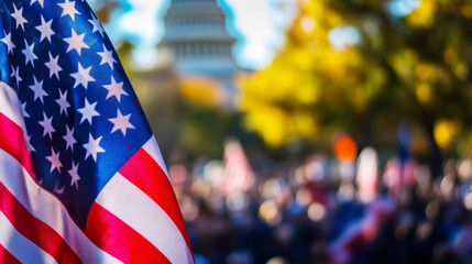 American Flag Waving in Front of a Large Crowd During an Autumn Rally
