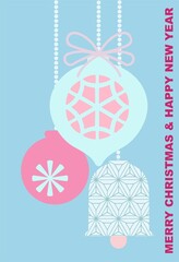 Merry Christmas and Happy New Year greeting poster(banner, card) made of cartoon Christmas and New Year elements in pastel colors with typography.Minimal digital image for cover,layout,poster,flyer