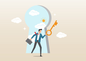 businessman open door from keyhole