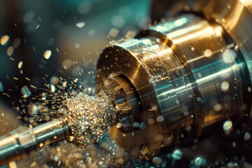 Golden sparks fly as metal is precision machined. Manufacturing process in a machine shop.