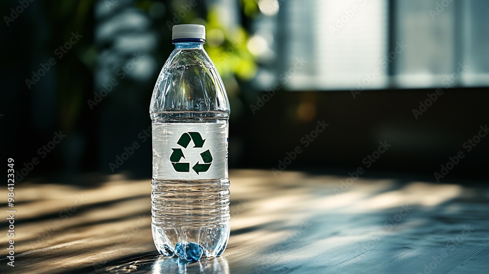 Poster a clear plastic water bottle with a prominent recycle symbol printed on the label. the image conveys