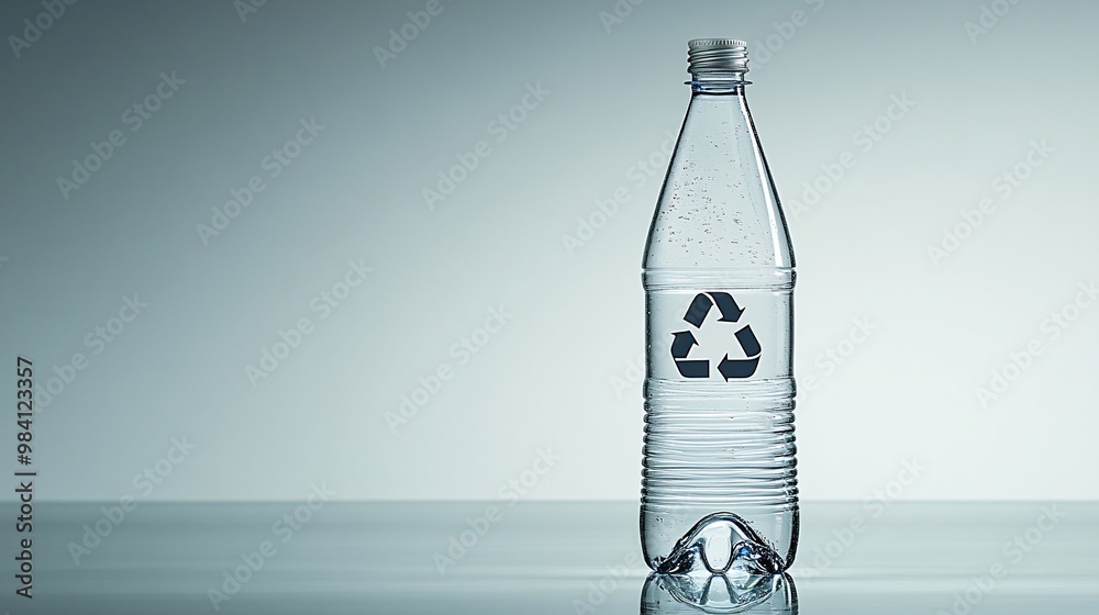 Poster a clear plastic water bottle with a prominent recycle symbol printed on the label. the image conveys