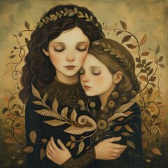 An illustration of two women embracing amidst a forest setting, with autumn foliage and ancient motifs.