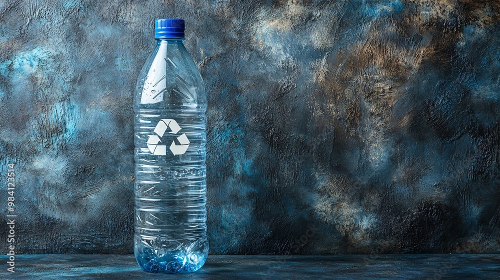 Poster a clear plastic water bottle with a prominent recycle symbol printed on the label. the image conveys