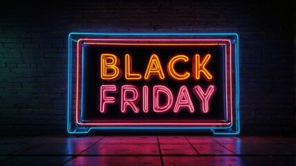 Fototapeta premium Neon Black Friday and Cyber Monday signboard. Sale banner with glowing neon text. Concept template for promo banners, flyers, brochures. Stock illustration.