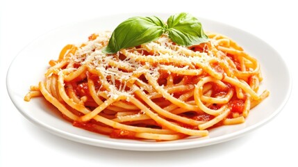 A classic dish of spaghetti with tomato sauce and Parmesan cheese, garnished with basil. High in nutrients and flavor.