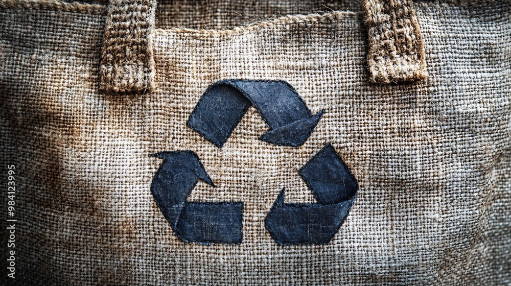Aufkleber A reusable fabric shopping bag with a visible recycle icon printed on the side. The image highlights the use of eco-friendly materials that can be reused to replace plastic bags. Large space for text