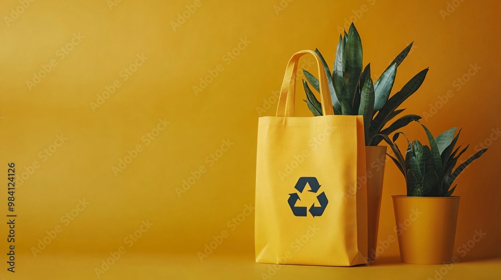 Poster A reusable fabric shopping bag with a visible recycle icon printed on the side. The image highlights the use of eco-friendly materials that can be reused to replace plastic bags. Large space for text