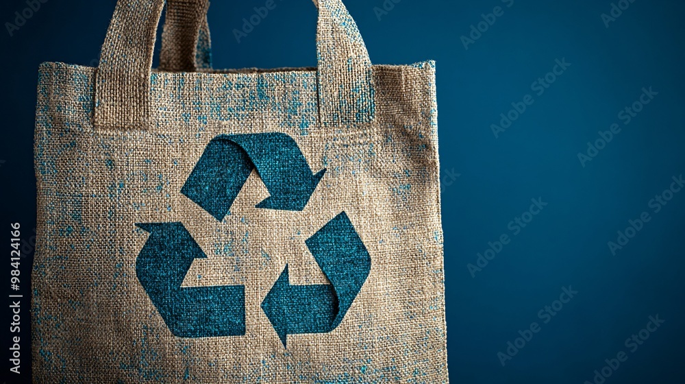 Poster A reusable fabric shopping bag with a visible recycle icon printed on the side. The image highlights the use of eco-friendly materials that can be reused to replace plastic bags. Large space for text