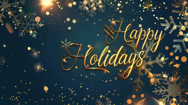 Season's greetings banner, "Happy Holidays" in gold script, snowflakes and fairy lights, large text space, dark background, sparkling highlights.