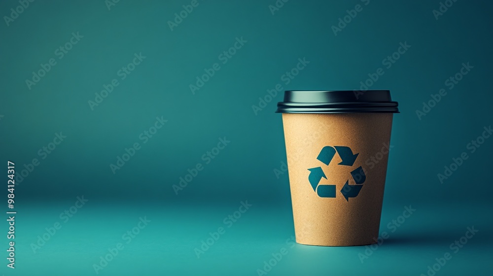 Poster A reusable coffee cup made from sustainable materials with a recycle symbol on the side. The image promotes the concept of reducing single-use plastics by opting for reusable drink containers. Large