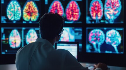 Neuromarketing Specialist Analyzing Consumer Brain Scan Data with Colorful Brain Activity Maps on Multiple Screens
