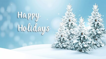 Winter holidays banner, "Happy Holidays" in bold white, snow-covered pine trees, ample space for text, frosty background, soft glow. 