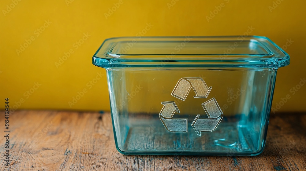 Poster a clear glass food storage container with a recycle symbol on the lid, symbolizing the potential for