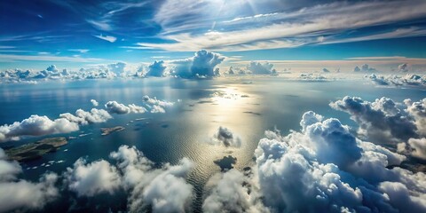 Bird's eye view of clouds over the ocean taken from airplane window