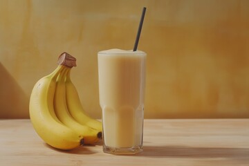 Yellow smoothie with bananas on table.
