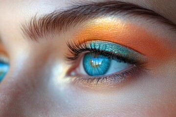 detailed shot of womans eyes with colorful eyeshadow, makeup artistry banner with room for text