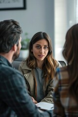 Three business people seated in a meeting room, engaged in discussion. One woman appears to be speaking, with the other two men attentively listening.