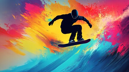 Fototapeta premium Dynamic snowboarder silhouette executing tricks amidst a vibrant, colorful backdrop
