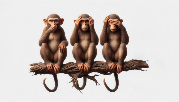 3 monkeys on white background