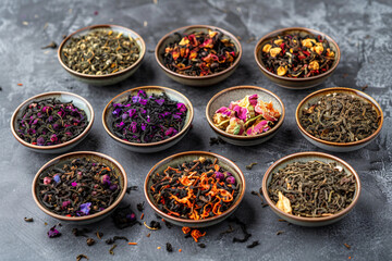 Assortment of traditional oriental tea leaves teatime ceremony hot and dry green black tea, Generative AI