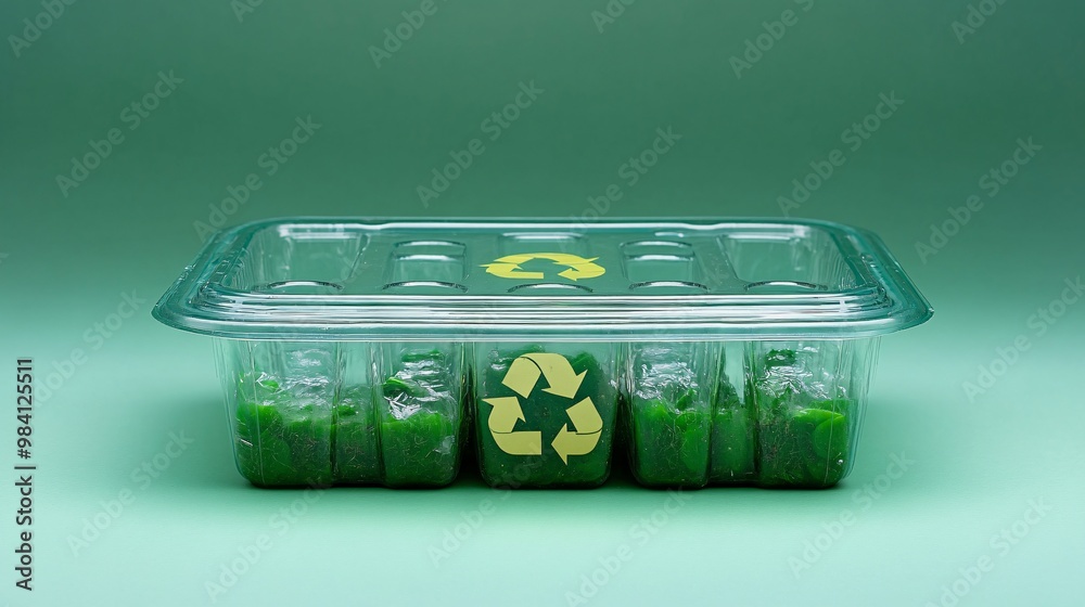 Poster a biodegradable plastic package with a prominent recycle symbol on the front. the image highlights t
