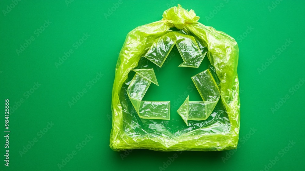 Poster a biodegradable plastic package with a prominent recycle symbol on the front. the image highlights t
