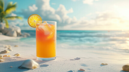 A refreshing cocktail on a beach at sunset, evoking relaxation and leisure.