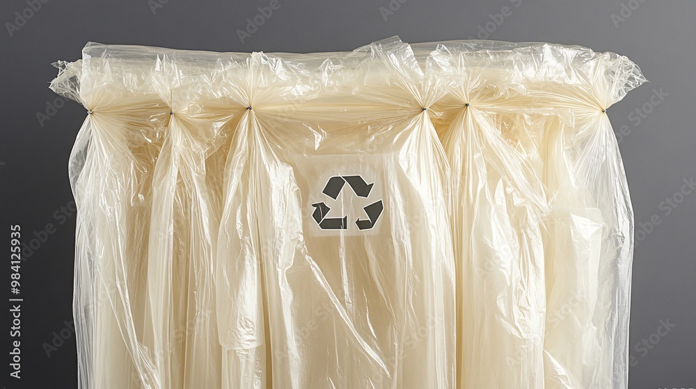 Poster a biodegradable plastic package with a prominent recycle symbol on the front. the image highlights t