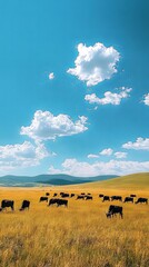 Obraz premium Open grassland with a herd of wild animals grazing under a bright blue sky