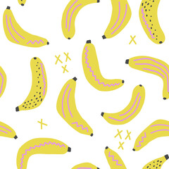 Seamless pattern with cartoon stylized bananas. Creative banana vector background.